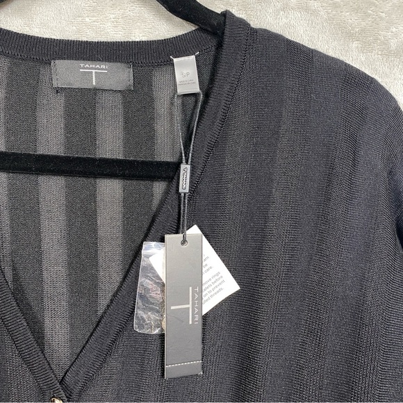 T Tahari Mesh Striped Button Front Knit Cardigan Sz S Black - Picture 7 of 9